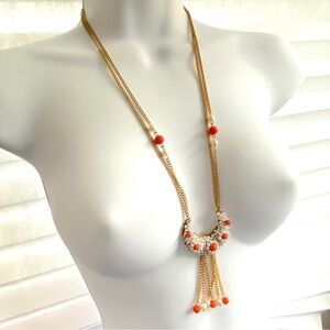 Long Goldtone Faux Pearl and Orange Dangle Necklace